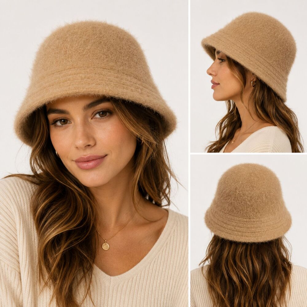 Vintage David & Young Angora Bucket Hat Camel Tan Fuzzy Wool Blend NWT One Size